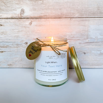 Lit candle with twine and a thank you tag. Label is customizable, says "Your Text Here" for customer to choose.